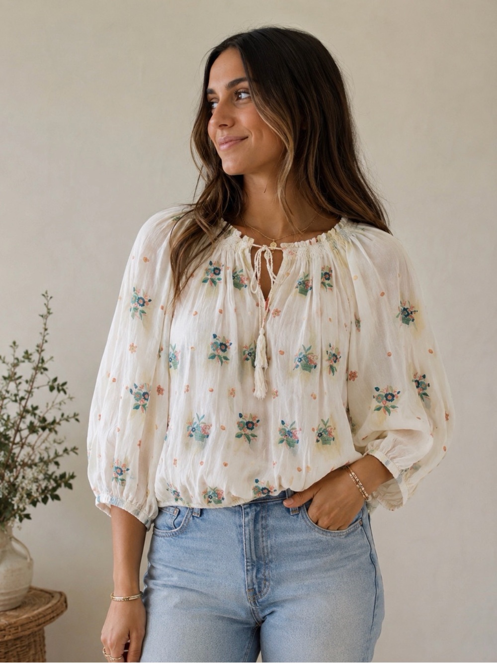 Star Mela Boho Floral Embroidered White Blouse, sz M
